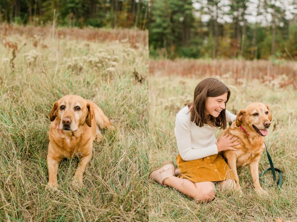Dog sitting in field with little girl