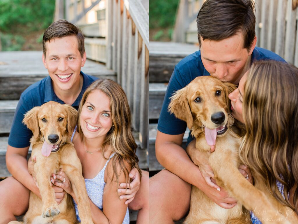 Couple sitting on steps with golden retriever puppy