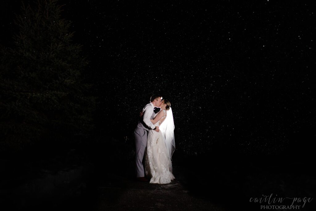 Bride and groom standing in the snow