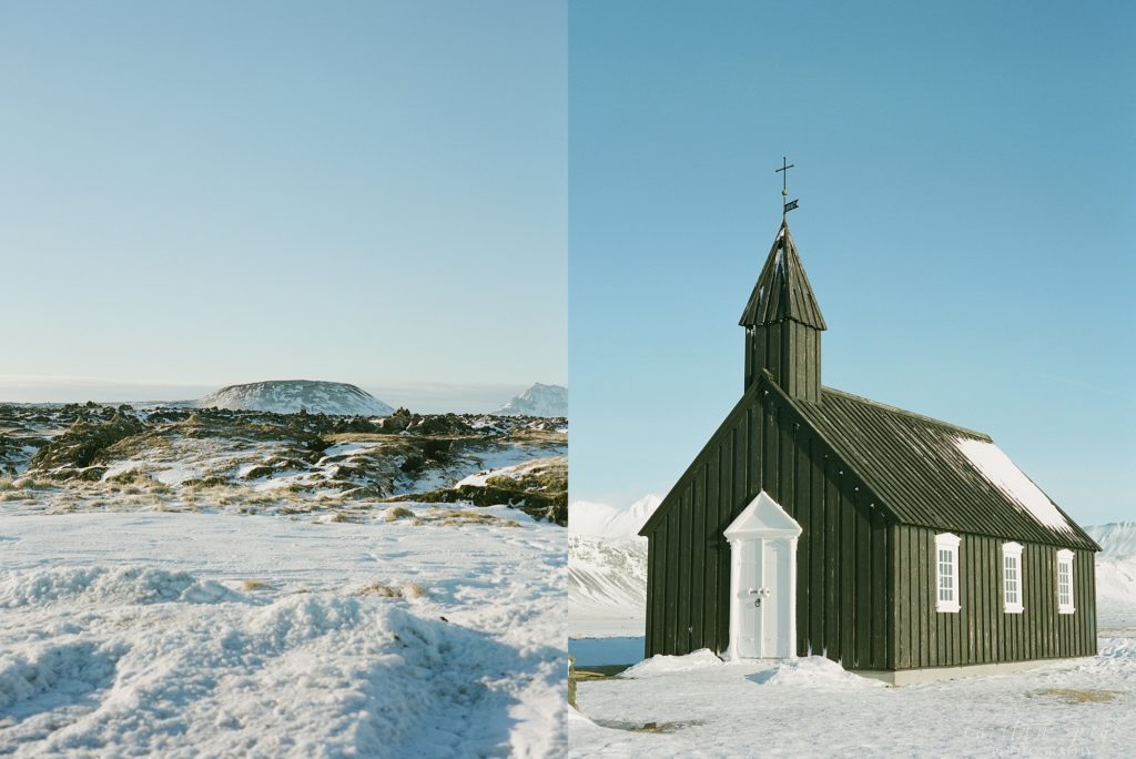 Black church in Budir Iceland in winter