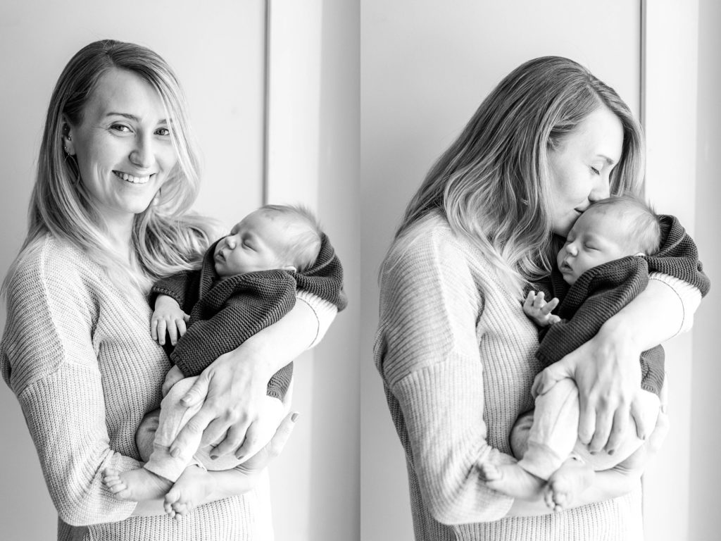 Black and white images of mom holding baby boy