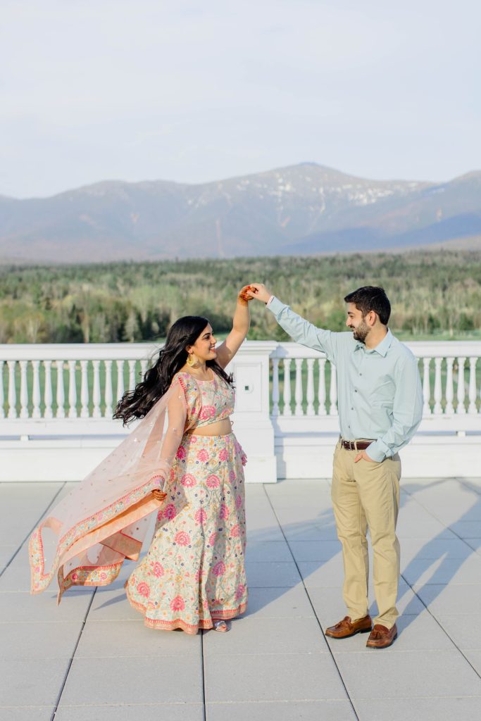 Colorful Spring Indian Engagement Photos at Omni Mount Washington Hotel, Jefferson New Hampshire