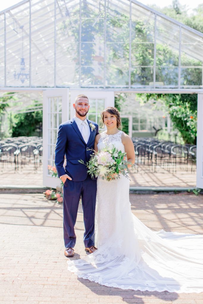 Bright summer greenhouse wedding with barn reception at Barn on the Pemi