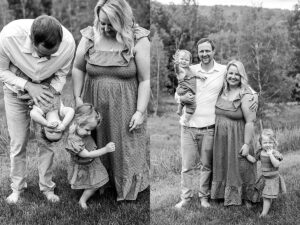 Black and white diptych of a family; dad playing upside-down with baby and mom standing with daughters. Dad holding baby while mom and toddler stand together, all smiling in front of a wooded meadow.